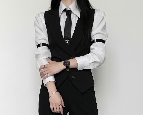 Stylish minimalist look featuring a black vest and tie paired with a crisp white shirt, perfect for a modern office aesthetic.
