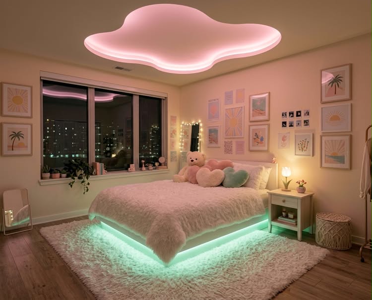 Cozy aesthetic bedroom interior featuring warm ambient lighting, fluffy bedding, and soft pastel decor elements.