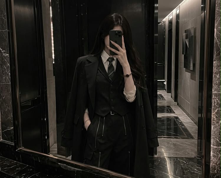 Professional dark academia fashion look featuring a black suit vest, tie, and tailored trousers for a sophisticated aesthetic.