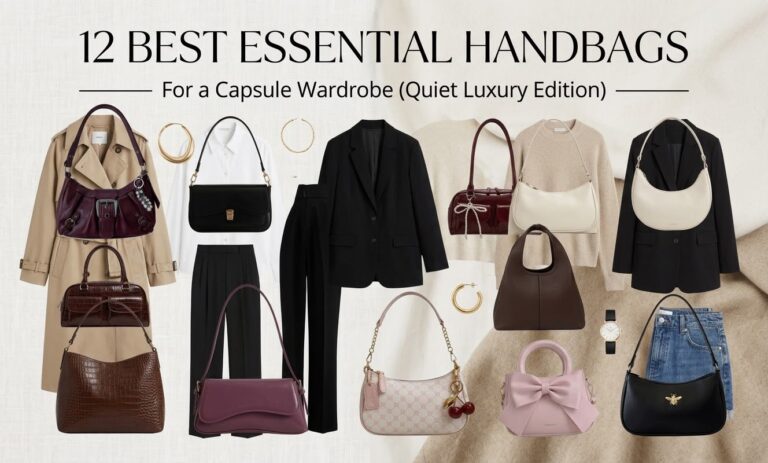 Flatlay collage showing 12 essential quiet luxury handbags paired with capsule wardrobe outfit pieces like beige trench coats, black blazers, tailored trousers, and gold jewelry.