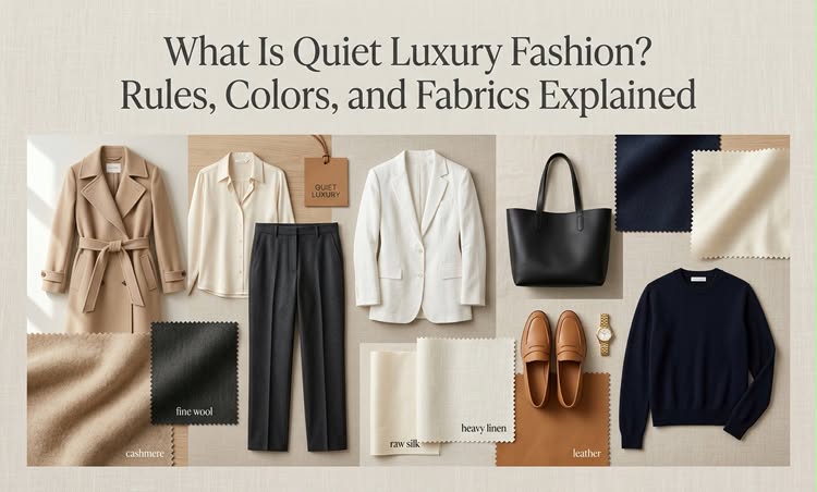 Quiet luxury fashion guide displaying minimalist clothes, high-quality fabrics like cashmere, silk, and wool with neutral color swatches