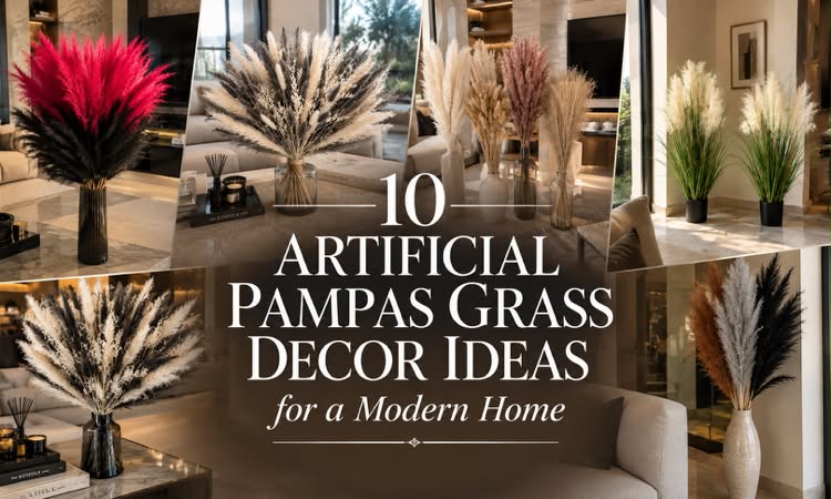 10 Artificial Pampas Grass Decor Ideas for a Modern Home⁠ Modern home living room decorated with colorful artificial pampas grass arrangements in glass and ceramic vases