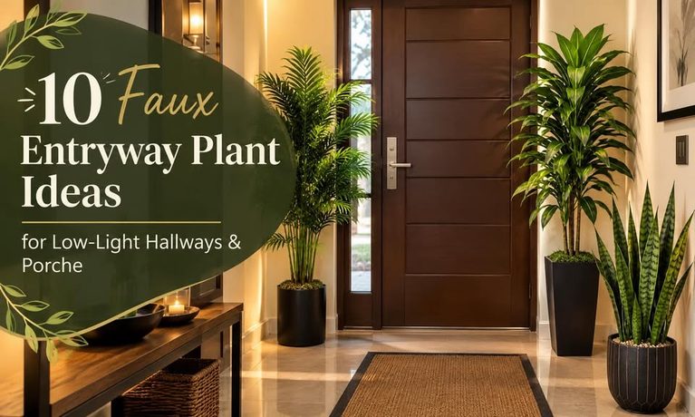 10 faux entryway plant ideas for low-light hallways and porches, featuring elegant indoor palms, dracaena, and snake plants in stylish planters.