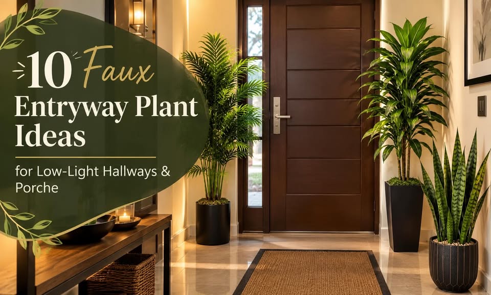 10 faux entryway plant ideas for low-light hallways and porches, featuring elegant indoor palms, dracaena, and snake plants in stylish planters.