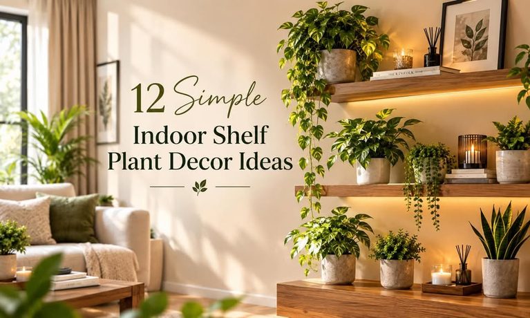 Cozy living room with wooden floating shelves featuring potted indoor plants, warm LED lighting, and text reading 12 Simple Indoor Shelf Plant Decor Ideas.