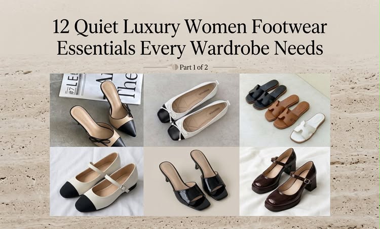 12 quiet luxury women footwear essentials featuring classic pumps, ballet flats, leather slides, and Mary Jane shoes