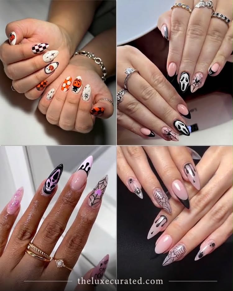 trendy spooky halloween nail art collage with almond and stiletto nails featuring ghost spider web and skull designs