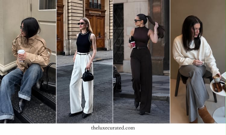 Casual luxury street style lookbook showcasing dark denim jeans, wide-leg white trousers, oversized top, and leather jacket