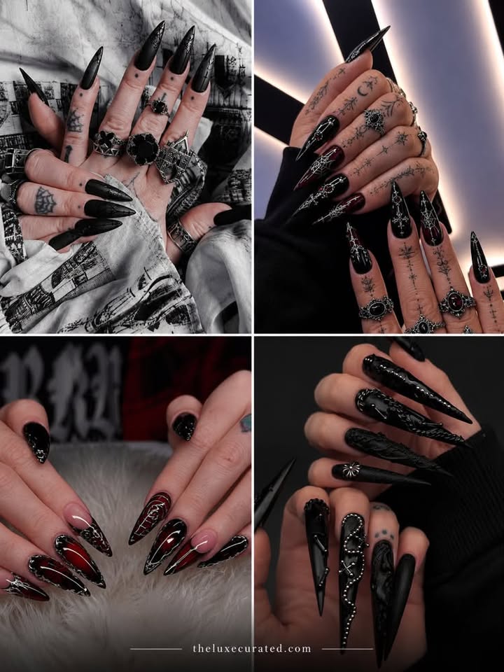 Dark gothic Halloween nails grid featuring matte black stiletto nails, red spiderweb art, 3D chrome details, and vintage silver rings