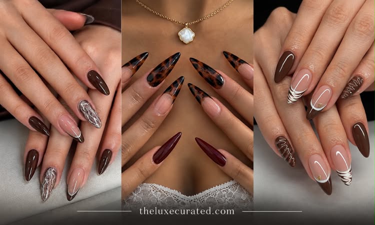 Collage of trendy brown fall nail art designs featuring tortoise shell stiletto nails, silver textured accents, and chocolate brown french tips by The Luxe Curated⁠