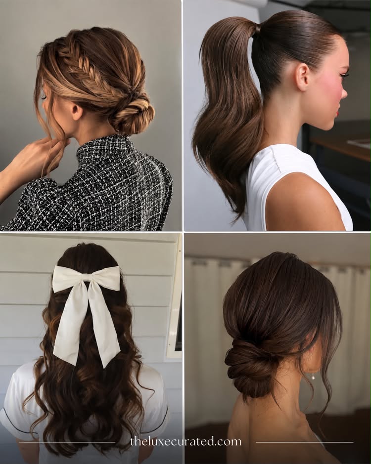 Collage showing four elegant hairstyles for long hair including a braided low bun, a sleek high ponytail, a half-up half-down hairstyle with a large white bow accessory, and a low textured bun.