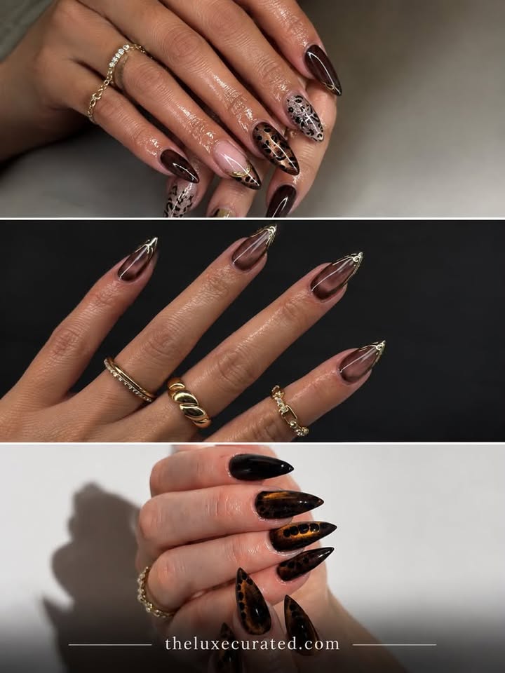 Stunning stiletto-shaped brown and gold cat-eye manicure featuring leopard print nail art designs and elegant gold ring accessories