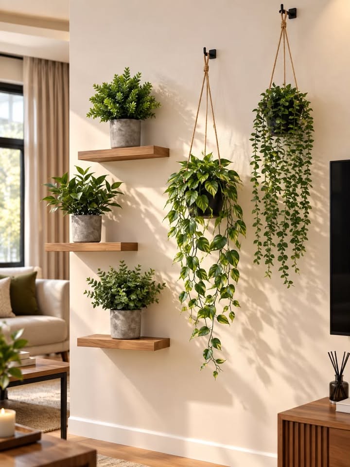 Floating wooden wall shelves with potted greenery and hanging macrame planters in a modern living room decor