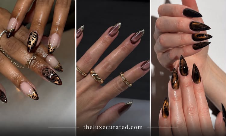 Stunning stiletto-shaped brown and gold cat-eye manicure featuring leopard print nail art designs and elegant gold ring accessories