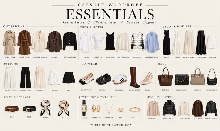 The Luxe Curated old money capsule wardrobe essentials guide showcasing classic pieces, effortless style, and everyday elegance including outerwear, tops, bottoms, footwear, bags, and accessories.