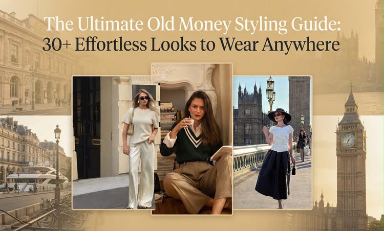 The Ultimate Old Money Styling Guide featuring 30+ effortless outfits with classic European architecture in the background.