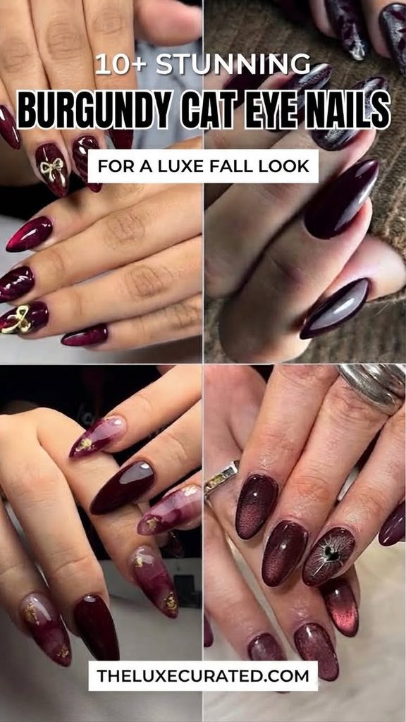 Inspirational collage displaying stunning burgundy cat eye nails with gold bow details and foil art, perfect for a luxe autumn style
