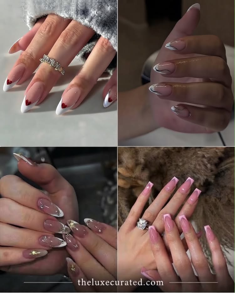 Collage of chic French tip nail designs featuring red hearts, black swirl accents, starry rhinestones, and pink square tips⁠