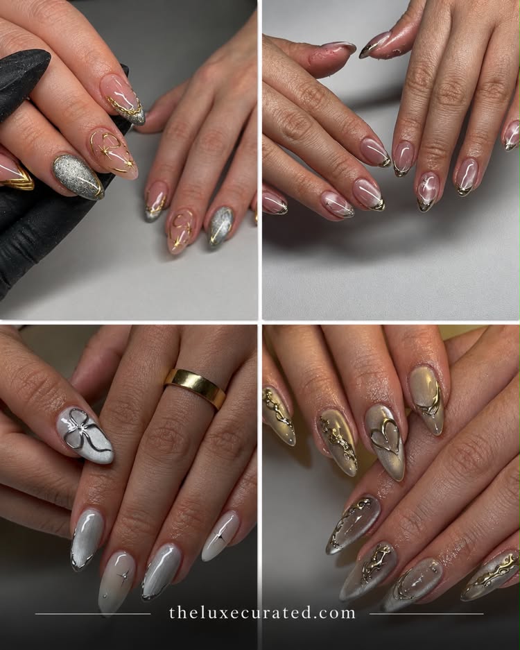 Silver magnetic cat eye nails with gold 3D chrome accents, 3D heart art, bow details, starburst celestial designs, and metallic french tips on almond nails.