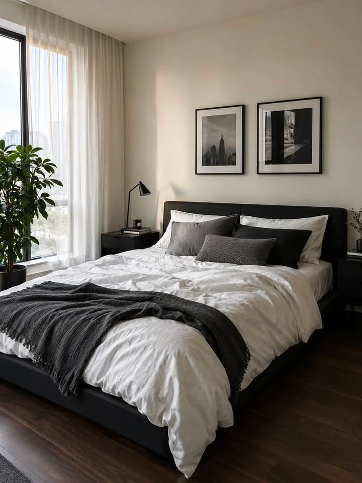 Modern black and white bedroom with black bed frame, white bedding, and natural wood flooring