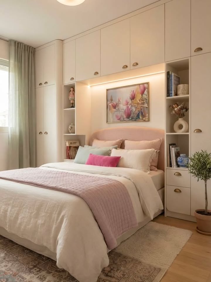 Small modern bedroom with built-in wall storage cabinets over bed, pastel pink bedding, side shelving, and soft warm ambient lighting.